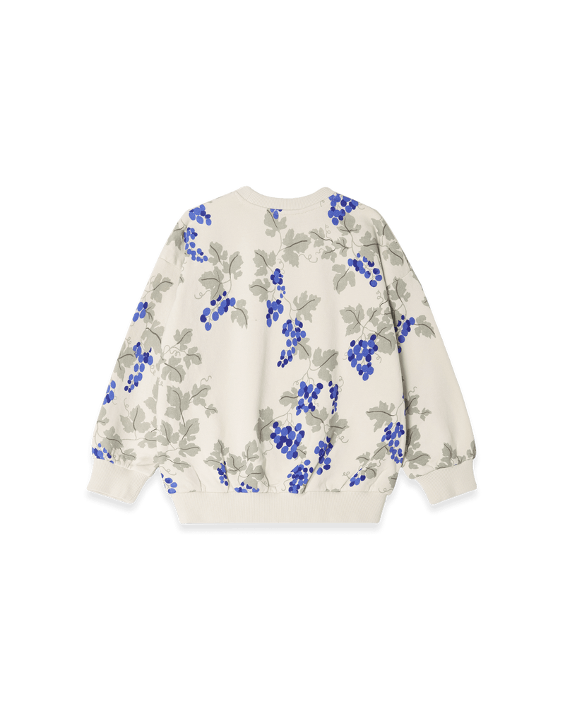 Oversized-Sweatshirt aus weicher Bio-Baumwolle mit handgezeichnetem Print, Rundhalsausschnitt, überschnittenen Schultern & Rippbündchen an Ärmeln und Saum - Produktansicht, Rückansicht.