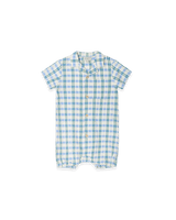 Leichter Baby-Strampler mit Hemdkragen aus Baumwoll-Seersucker, Holzknöpfen vorn und Druckknöpfen im Schritt – perfekt für den Sommer.