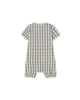 Kurzarm-Strampler aus Bio-Baumwolljersey mit Struktur. Mit Gummizug und Druckknöpfen – bequem, luftig & ideal für Babys an warmen Tagen.