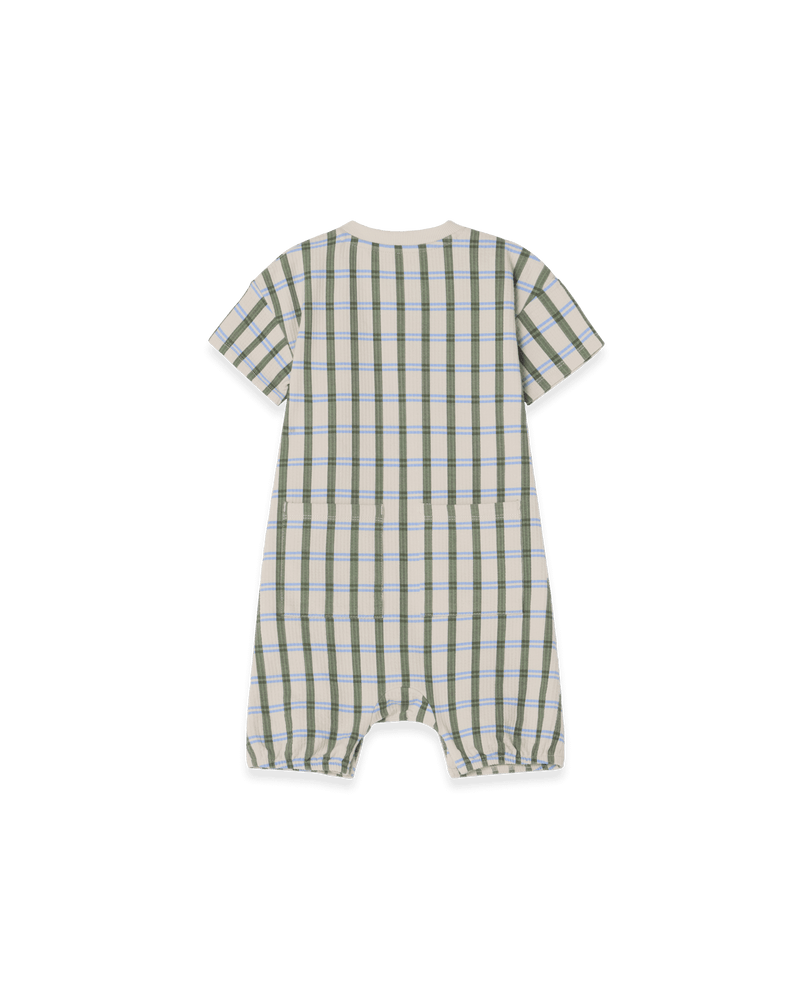 Kurzarm-Strampler aus Bio-Baumwolljersey mit Struktur. Mit Gummizug und Druckknöpfen – bequem, luftig & ideal für Babys an warmen Tagen.