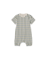 Kurzarm-Strampler aus Bio-Baumwolljersey mit Struktur. Mit Gummizug und Druckknöpfen – bequem, luftig & ideal für Babys an warmen Tagen.