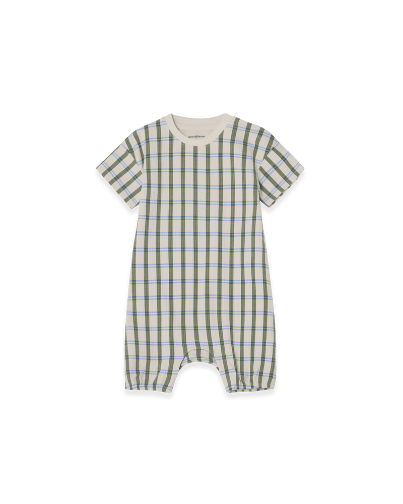 Kurzarm-Strampler aus Bio-Baumwolljersey mit Struktur. Mit Gummizug und Druckknöpfen – bequem, luftig & ideal für Babys an warmen Tagen.