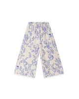 Culottes aus weichem Baumwoll-Musselin in Beige mit gepolstertem, verstellbarem Gummizug, dekorativer Rüsche und Seitentaschen – unisex und knöchellang.