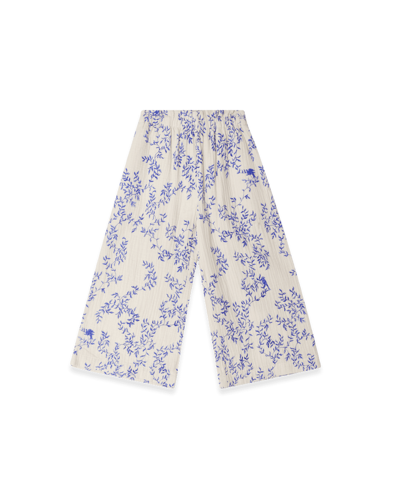 Culottes aus weichem Baumwoll-Musselin in Beige mit gepolstertem, verstellbarem Gummizug, dekorativer Rüsche und Seitentaschen – unisex und knöchellang.