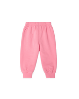 Kinder-Sweathose aus weicher Bio-Baumwolle mit dezenter Stickerei, handgezeichnetem Print, Seitentaschen, elastischen Bündchen & Kordelzug-Bund - Rückansicht flach fotografiert.