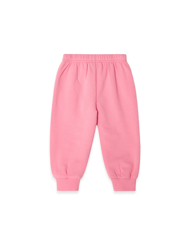 Kinder-Sweathose aus weicher Bio-Baumwolle mit dezenter Stickerei, handgezeichnetem Print, Seitentaschen, elastischen Bündchen & Kordelzug-Bund - Rückansicht flach fotografiert.