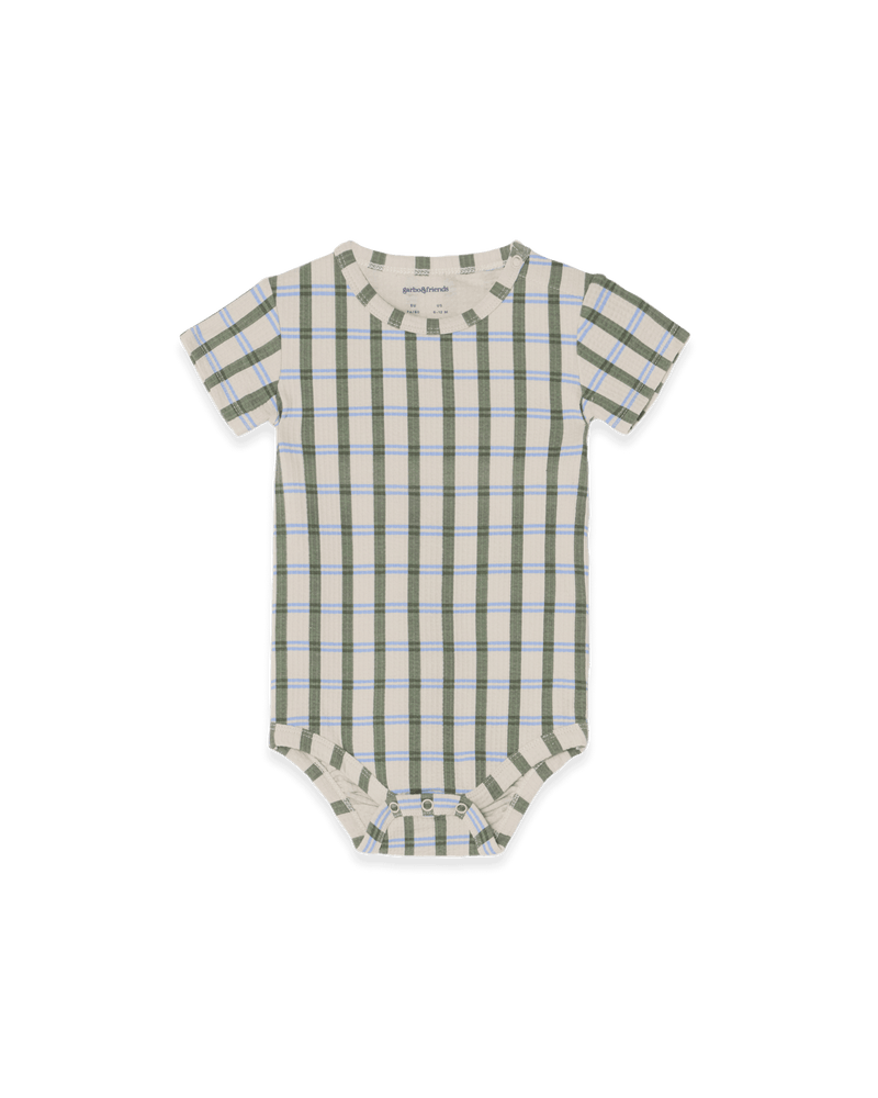 Kurzärmeliger Body aus Bio-Baumwolle mit Druckknöpfen seitlich am Hals und im verdeckten Druckknöpfen im Schritt im neuen Design Lisboa Stripe. Frontansicht.