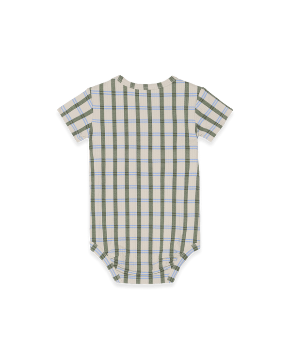 Kurzärmeliger Body aus Bio-Baumwolle mit Druckknöpfen seitlich am Hals und im verdeckten Druckknöpfen im Schritt im neuen Design Lisboa Stripe. Drückansicht.