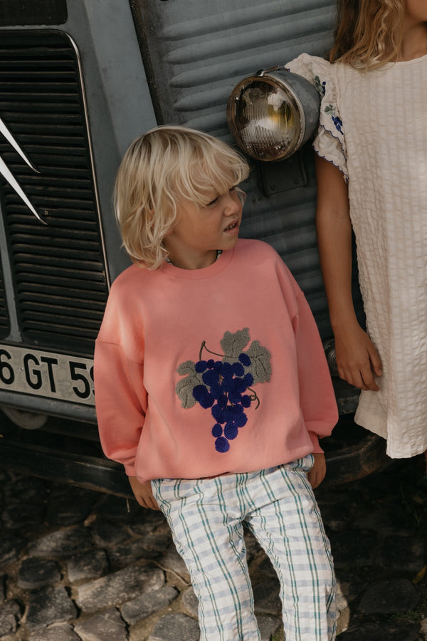 Junge trägt oversized-Sweatshirt aus weicher Bio-Baumwolle mit handgezeichnetem Print, Rundhalsausschnitt, überschnittenen Schultern & Rippbündchen an Ärmeln und Saum. 