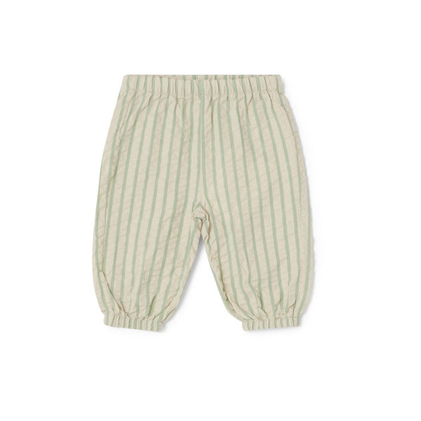 Seersucker Baby Hosen aus Bio Baumwolle, leichte Sommerhosen, luftig und weit geschnitten. Gummibund an Bauch und Fussenden für leichtes Anziehen. 
