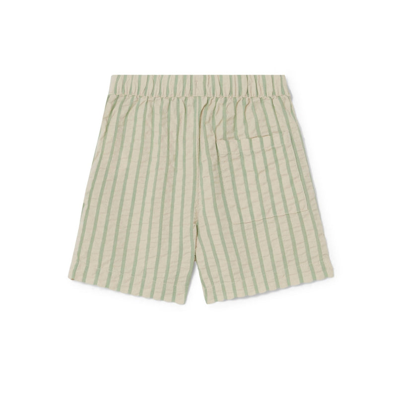 Stripe Emerald Seersucker Shorts in grün beige gestreift, Rückansicht. Breiter elastischer Bund. Kurze Hose.