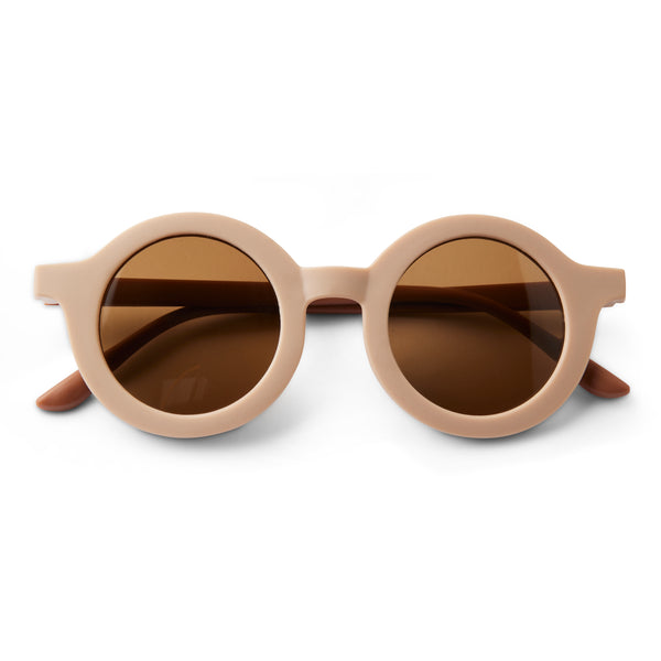 Runde Kinder-Sonnenbrille in Beige mit braunen Bügeln und UV400-Schutz, im Retro-Stil, frontal fotografiert.