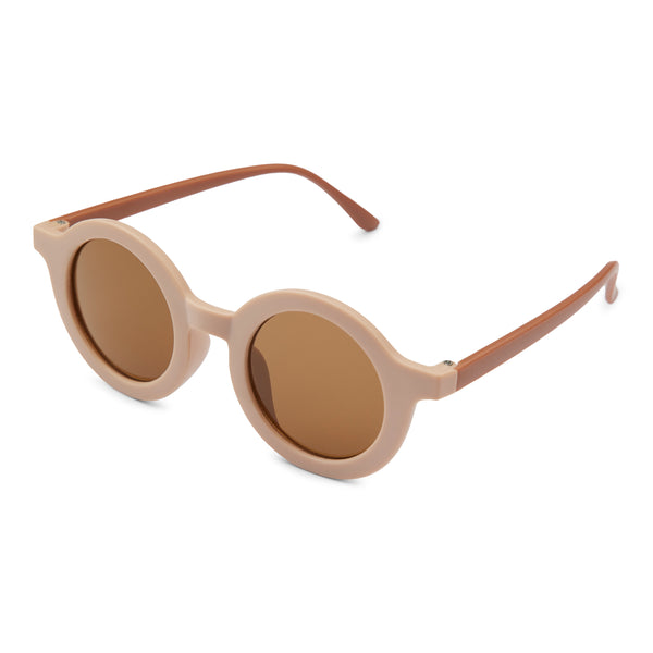 Runde Kinder-Sonnenbrille in Beige mit braunen Bügeln und UV400-Schutz, im Retro-Stil, seitlich fotografiert.