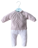 Set aus Rosa Baby Leggings und Pullover aus 100% Merinowolle – weiche, elastische Strickleggings, atmungsaktiv und temperaturregulierend, ideal für empfindliche Haut.