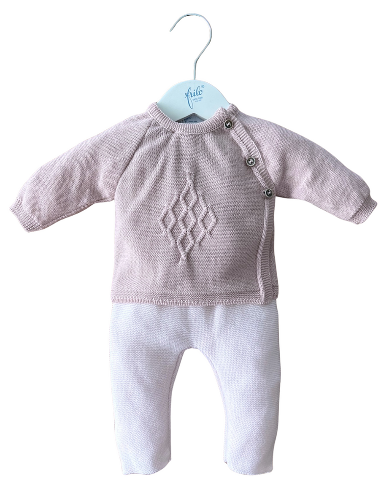 Set aus Rosa Baby Leggings und Pullover aus 100% Merinowolle – weiche, elastische Strickleggings, atmungsaktiv und temperaturregulierend, ideal für empfindliche Haut.
